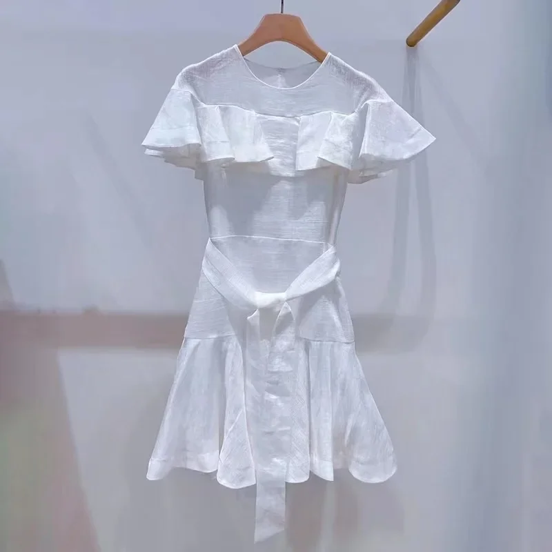 Vestido de verão feminino com gola redonda, Mini vestido de babados oco em camadas, Branco