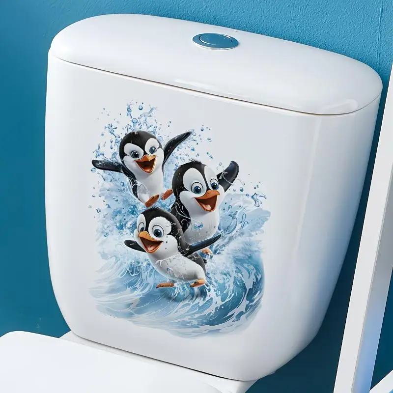 Cute Swimming Penguin Toilet Sticker Waterproof Bathroom Wall Sticker Self-Adhesive Removable Decals Home Decor