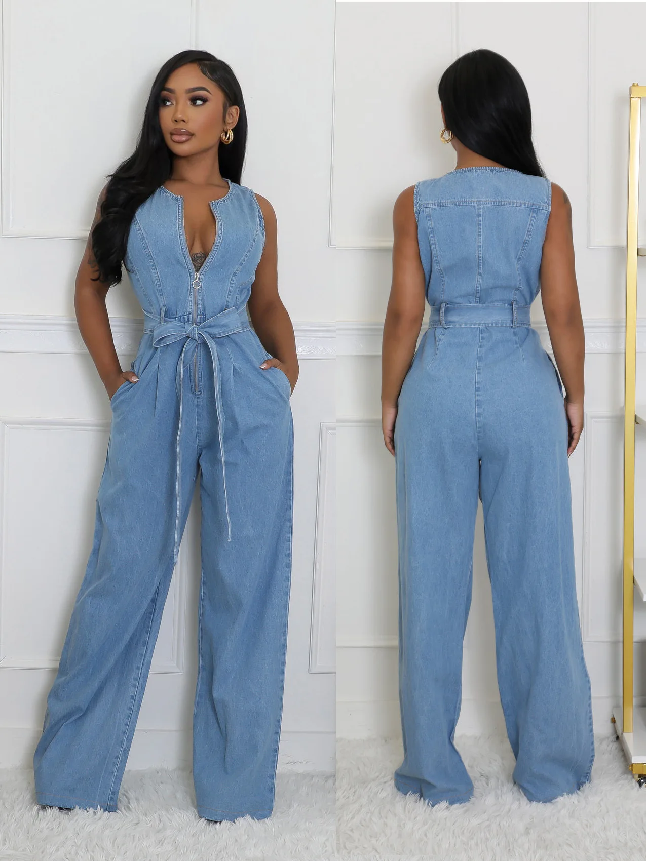 

Fashion Women Denim Sleeveless Zipper Fly with Belt Side Leg Jeans Jumpsuit Streetwear Sexy One Piece Suit INS Playsuits