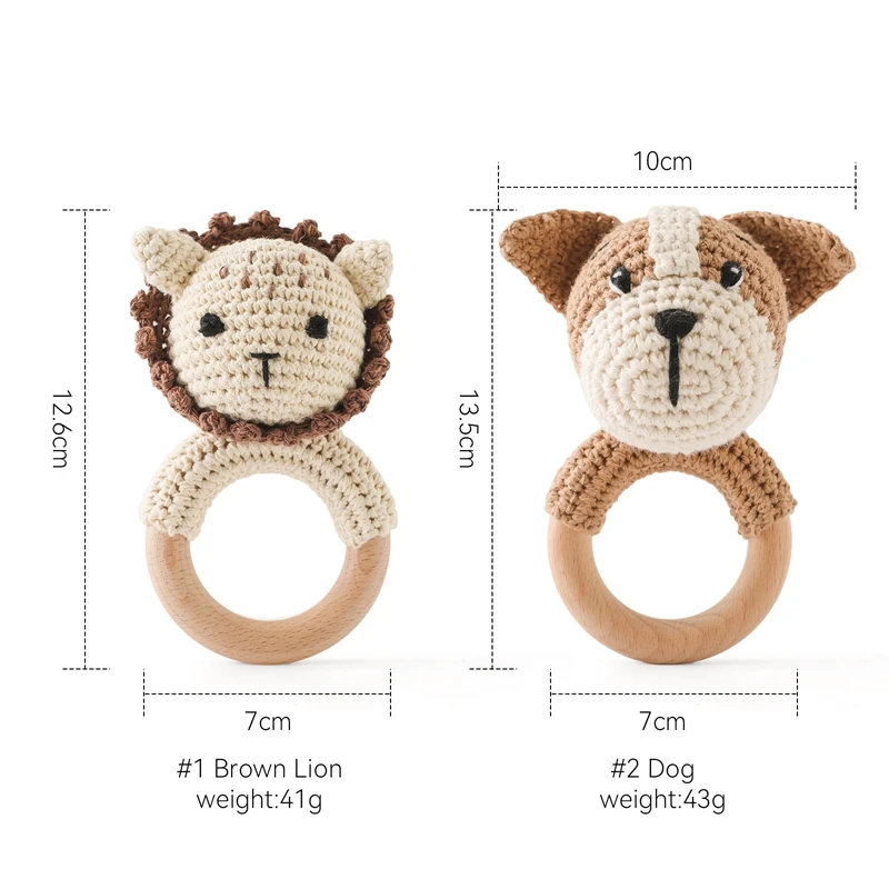 Baby Music Rattle Teether Toys Newborn Crochet Lion Dog Wooden Ring Bracelet Rattle Soother Teethering Toys Handmade Kids Toys