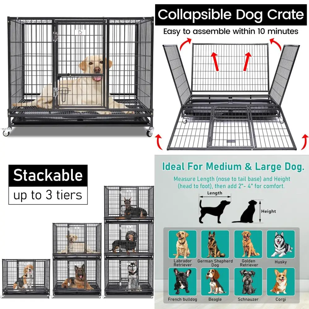 

Stackable and Collapsible Heavy-Duty Dog Crate with Feeding Door, Four Lockable Wheels, and Removable Tray
