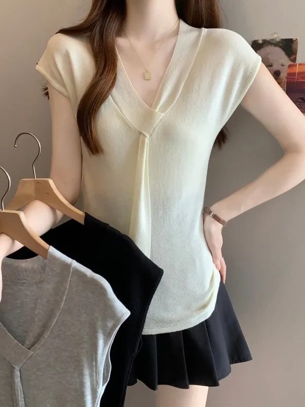 

plus Size Fashionable V-Neck Short Sleeve Knitwear Summer New Style Slimming Versatile Design Lightweight Top with Sash