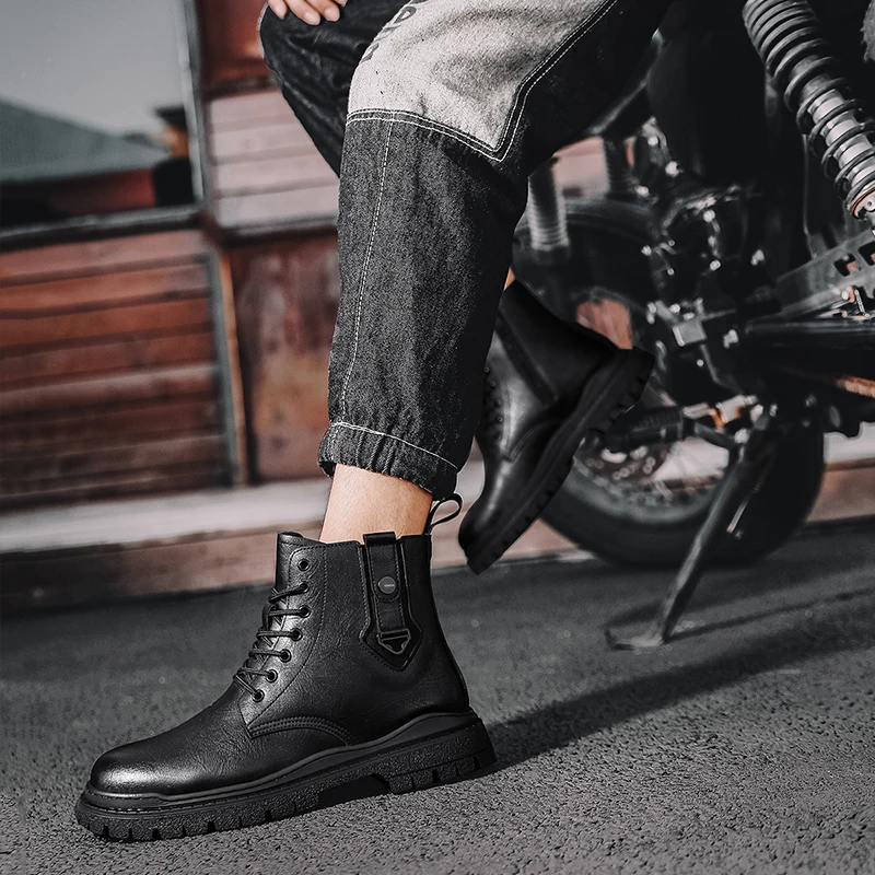 Bottes à Semelle Dorée en Cuir pour Homme, Chaussures à Plateforme, de Loisirs, d'Hiver, Rétro, de Moto