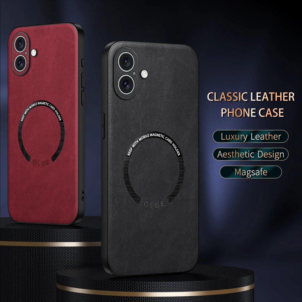 OLGE Luxury Calfskin O-Ring Magnetic Leather Case for iPhone 16 Plus 16 Pro Max 16 Pro 16 Shockproof Wireless Charging Case Capa