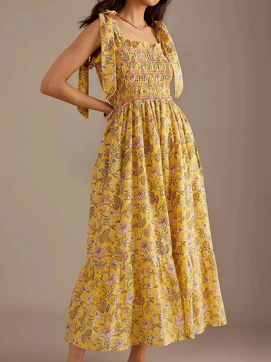 Vestido Midi Cami de verão feminino, estampa floral vintage, cinta, cintura alta cheirada, sem encosto, vestido flowy casual de férias, moda