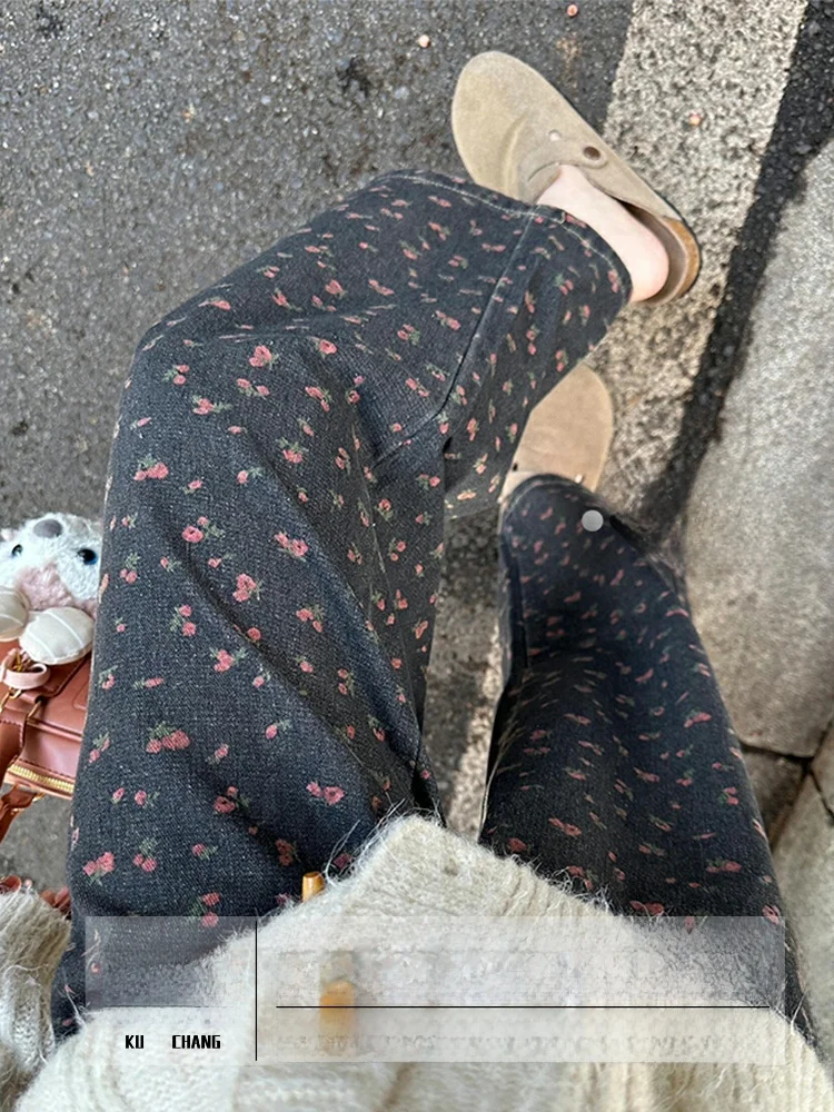 

Свободные джинсы с широкими штанинами, цветочный принт, эластичный пояс, осенне-зимняя новинка, низкая посадка, застежка-молния, прямой крой