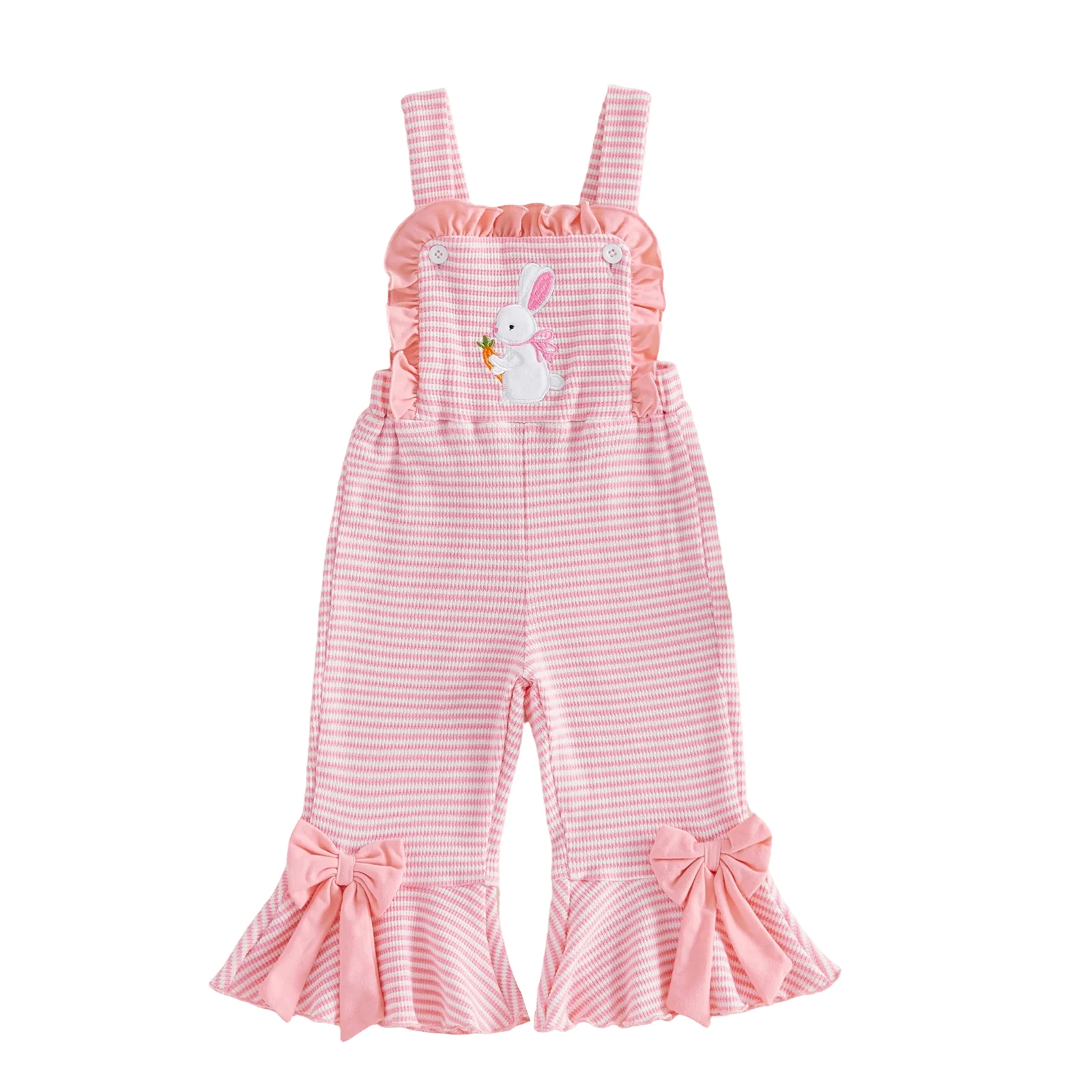 Kids Girls Overalls Cute Stripes Rabbit Bows Flare Pants Easter Clothes for Casual Daily