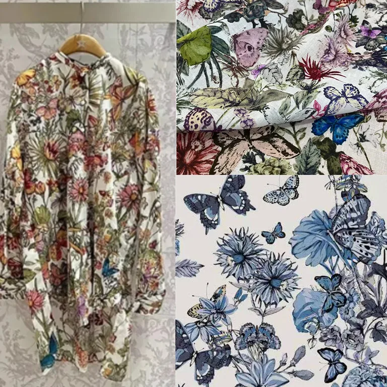 2024 Brand Cotton Printed Butterfly Flower Pattern Fabric for Dress Shirt High Quality Elastic Satin Fabric Material for Clothes