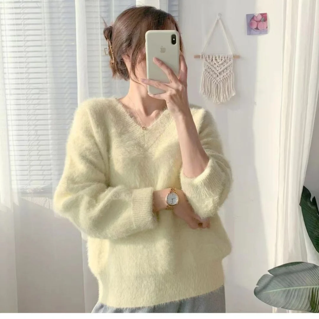 Chic Fluffy Sweater Women\'s Autumn Winter Thickened Pullover Winter Loose Mohair V-neck Tops  Y2k  Jumper