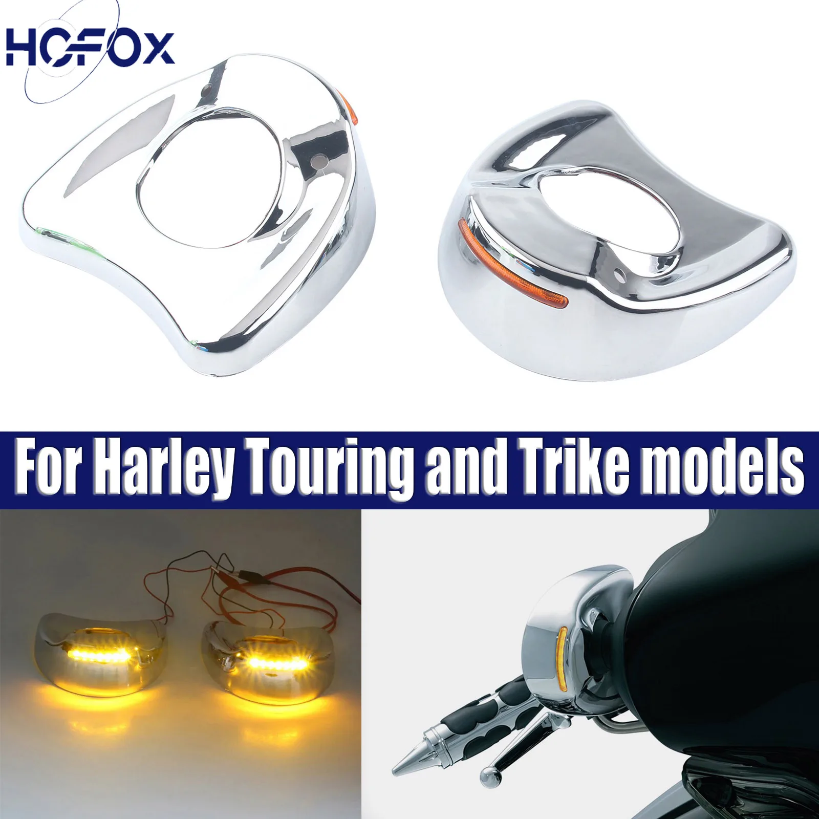 

Motorcycle Chrome Fairing Mount Side Mirror LED Cover Shell Amber Light For Harley Touring Electra Glide 1996-2013