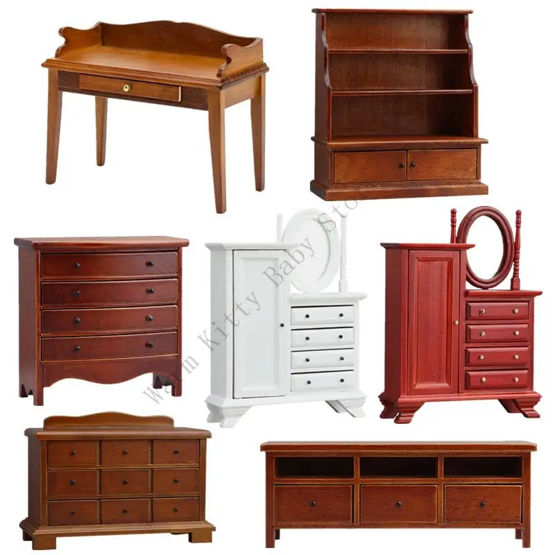

1:12 Scale Dollhouse Miniature Wooden Furniture Model Vintage Cabinet Wardrobe Bookshelf Drawers Bedroom Living Room Decor
