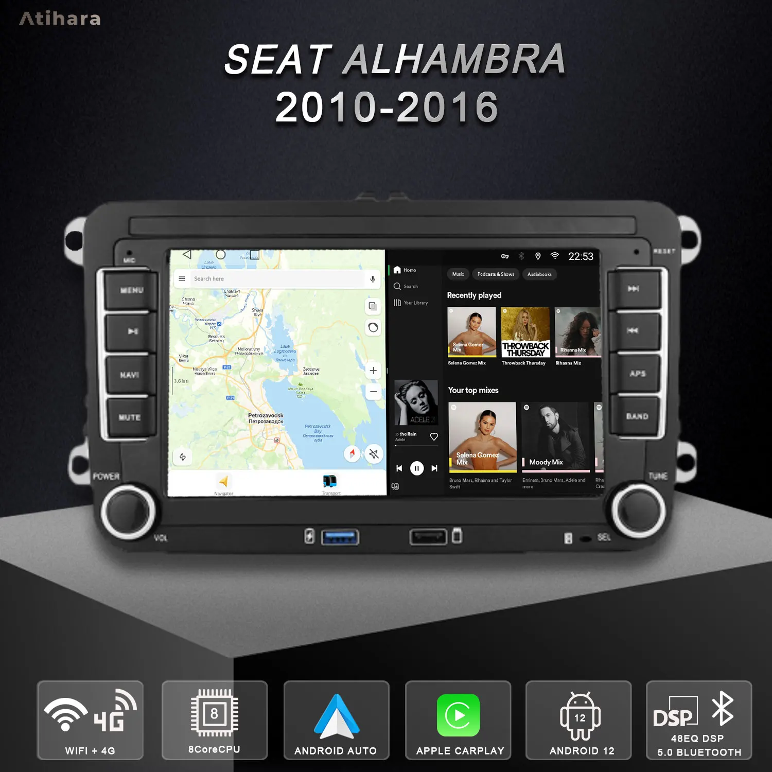 Atihara 7-дюймовый Android автомобильный радиоприемник для Seat Alhambra 2010-2016, 2Din 4G + Wi-Fi GPS мультимедийный плеер Bluetooth 5,0 AM/FM RDS Dsp стерео