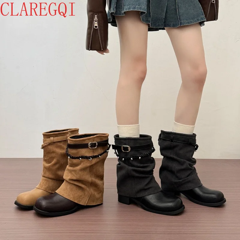 Hot Fashion Models Piled Up And Short Boots Femme Cuir Cosy Womens Fall Boots Cowhide Thick Heel  Women's Boots
