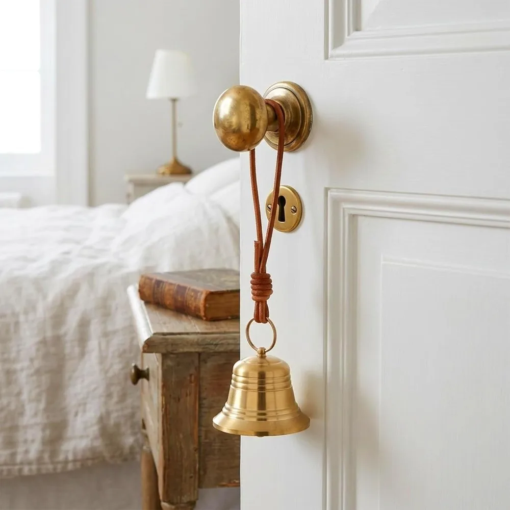 Vintage Gold Hanging Door Bell Rustic Clear Ringing Small Brass Bell with Hand Rope Christmas Bell Home Garden Use