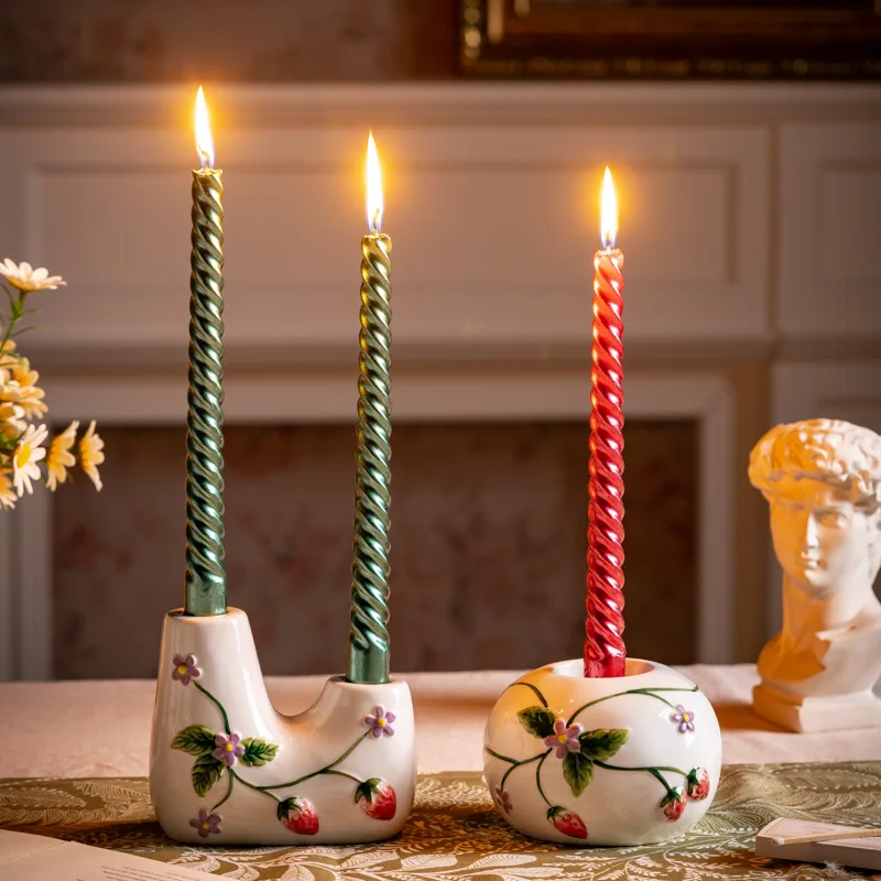 Ceramic Candle Holder, Strawberry 3D Embossed Design, Taper Candle Stick for Dining Table Wedding Home Decor, Fireplace Ornament