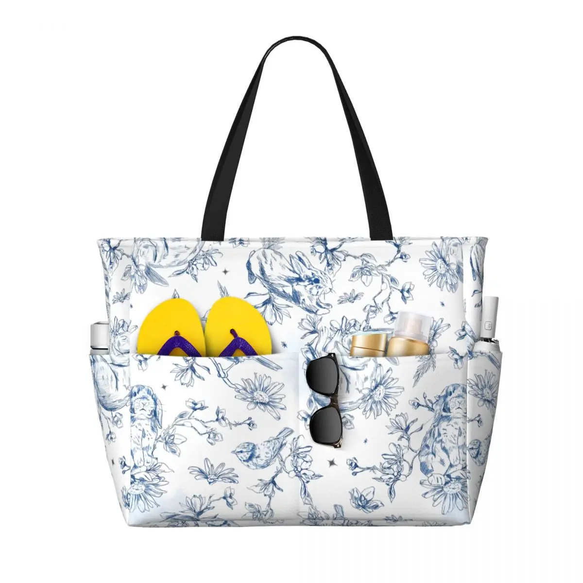 

Large Capacity BeachTravel Bag Bird-Rabbit-Chinoiserie-Floral-Leaf Large Tote Beach Bag Shopping Bags Underarm Shoulder Bag