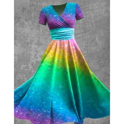 Colorful Gradient Print Dress Fashion Women Youthful Woman Clothes Oversize V-Neck Party Dresses Girls Outfits Vestidos Robes