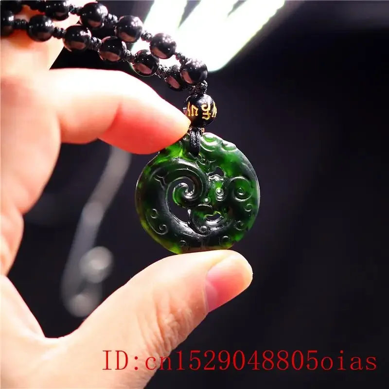 Colar com pingente de dragão jade, pingente natural esculpido em preto e verde, joias chinesas esculpidas