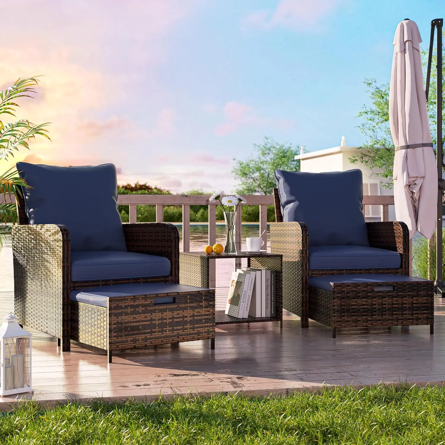 Patio Furniture Set Wicker Outdoor Patio Chairs with Ottomans Rattan Conversations Sets Storage Coffee Table for Garden Poolside