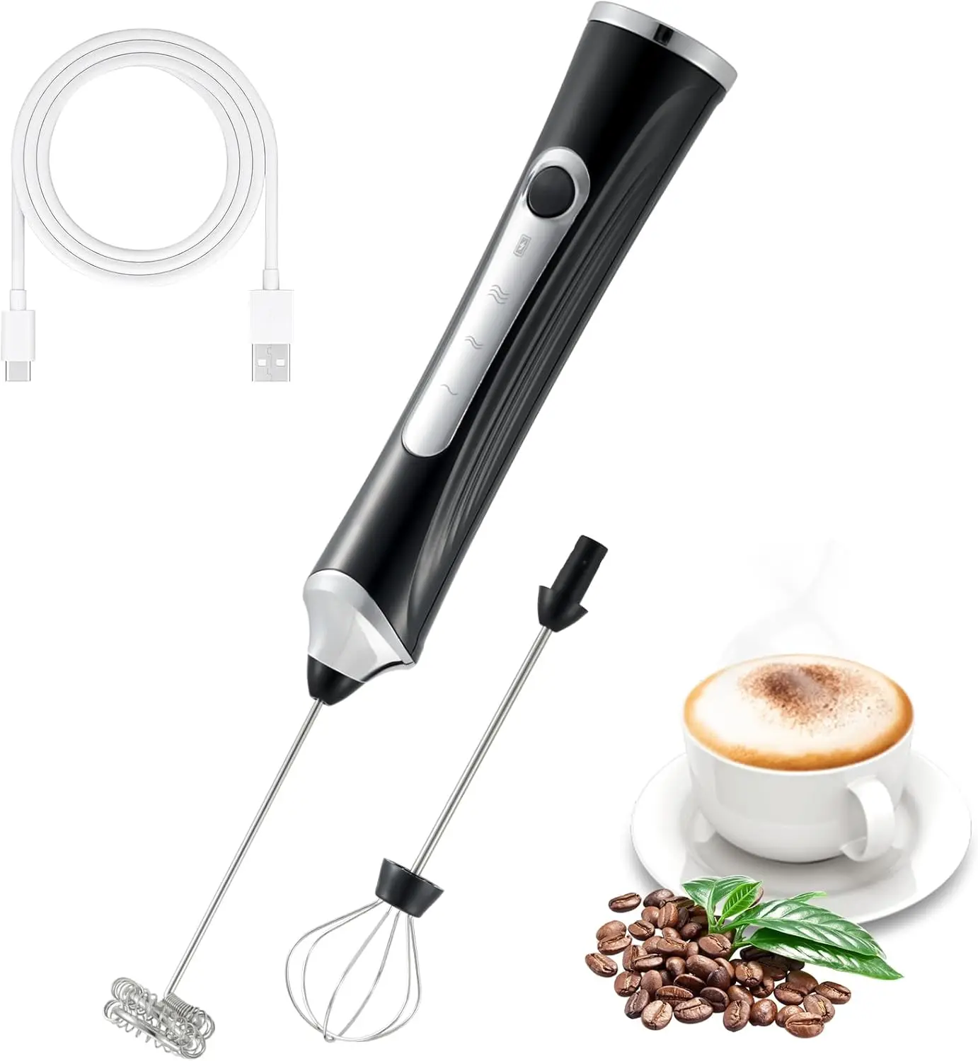 

USB Rechargeable Handheld Milk Frother, 3 Speeds, 2 Whisks for Coffee, Latte, Cappuccino, Hot Chocolate, Egg (Black)