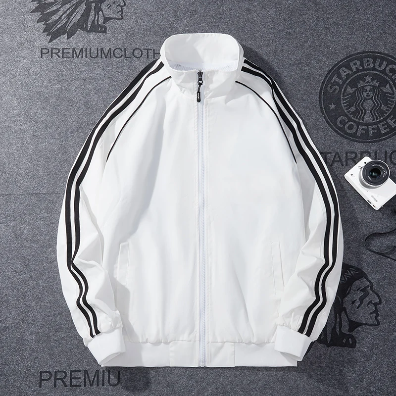 Casual Men's Jacket Stand Collar Spring Autumn New Korean Loose Three Stripe Outdoor Sports Coat Polyester Long Sleeve Zipper