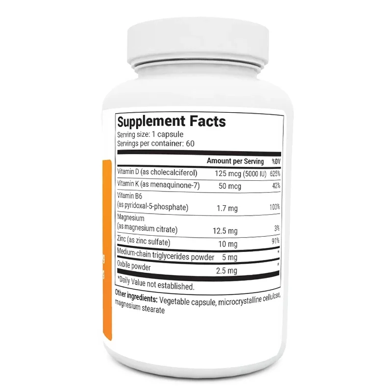 D3 K2 Vitamin 5000 Iu Contains 50 Micrograms Of Mk7, Pure Bile Salts, Zinc, And Magnesium, With High Absorption Of 60 Capsules