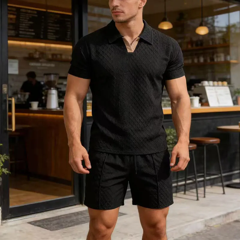 Summer Cool Touch Beige Running Sets with Quilted Design Matching Short Sleeve Polo and Shorts Quick Dry Breathable Gym