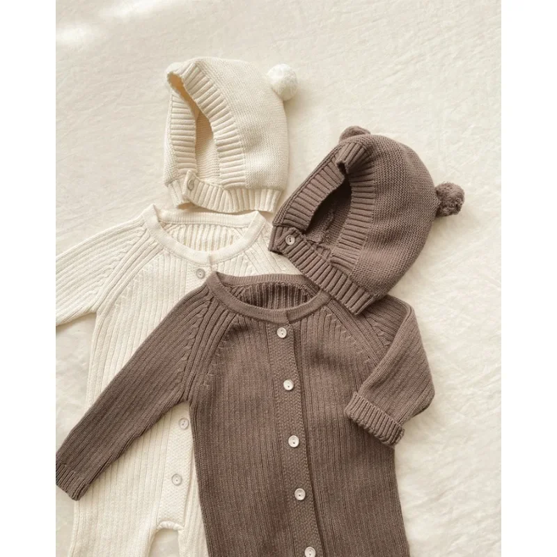 Unisex Newborn Baby Jumpsuit with Caps Clothes Sets Girl Boy Knitted Rompers Outfits Sets Autumn Winter Toddler Infant Overalls