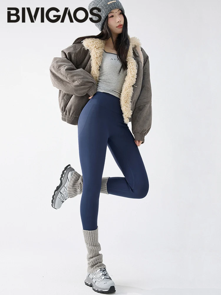 BIVIGAOS New Autumn Winter Cashmere Velvet Shark Leggings Women Red No-trace Thickened High Waist Butt Lifting Warm Leggings