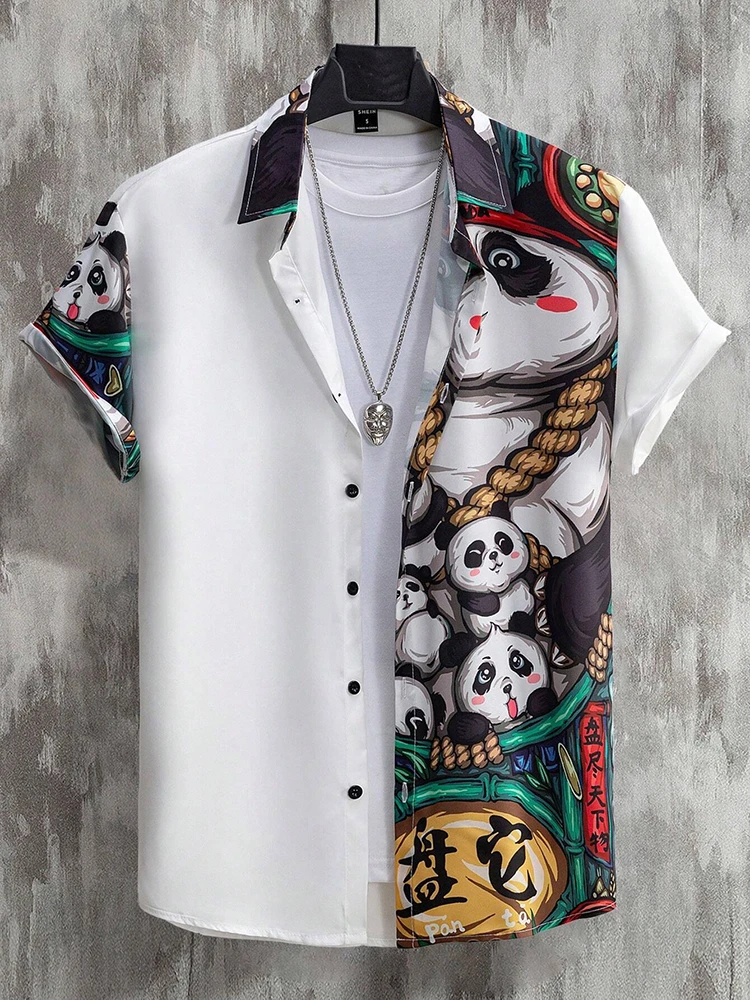 

Chinese Panda Print Men's Short-sleeved Shirt Seaside Fashion Men's Casual Shirt Daily Street Summer Men's Short-sleeved Shirt