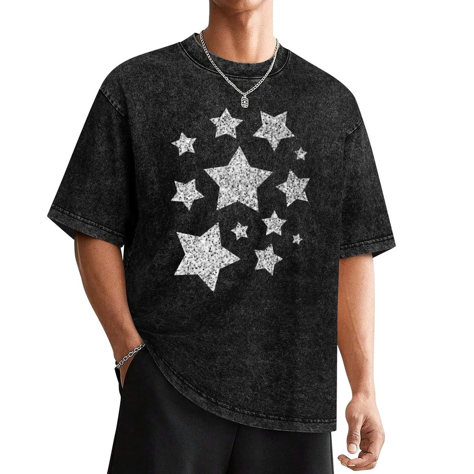 Silver faux glitter sparkles Stars pattern on black (Photo of Glitter - Not Reflective) T-Shirt cute tops tops t shirt for men