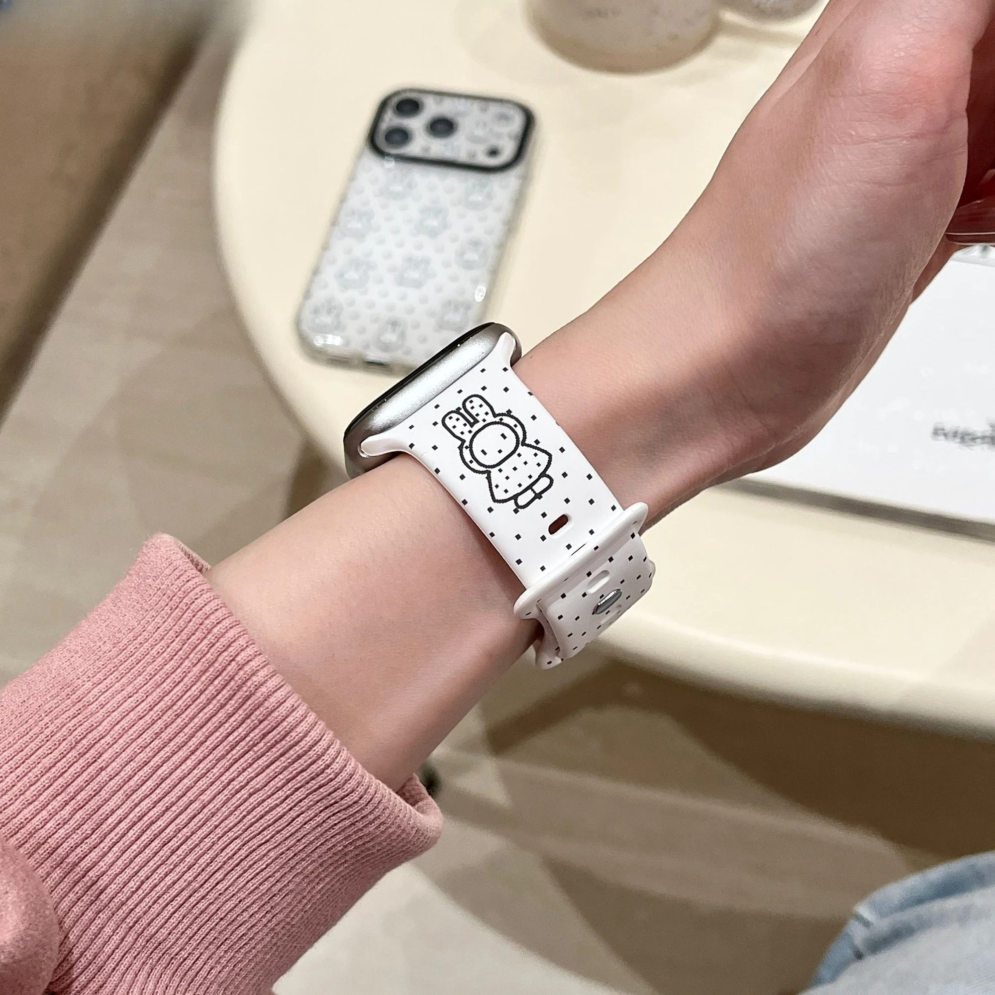 Kawaii Pixel Art Miffy White Silicone Wristband Fashion Watch Strap Fit IWatch S11 S10 S9 Skin-friendly Daily Watch Accessory view 5