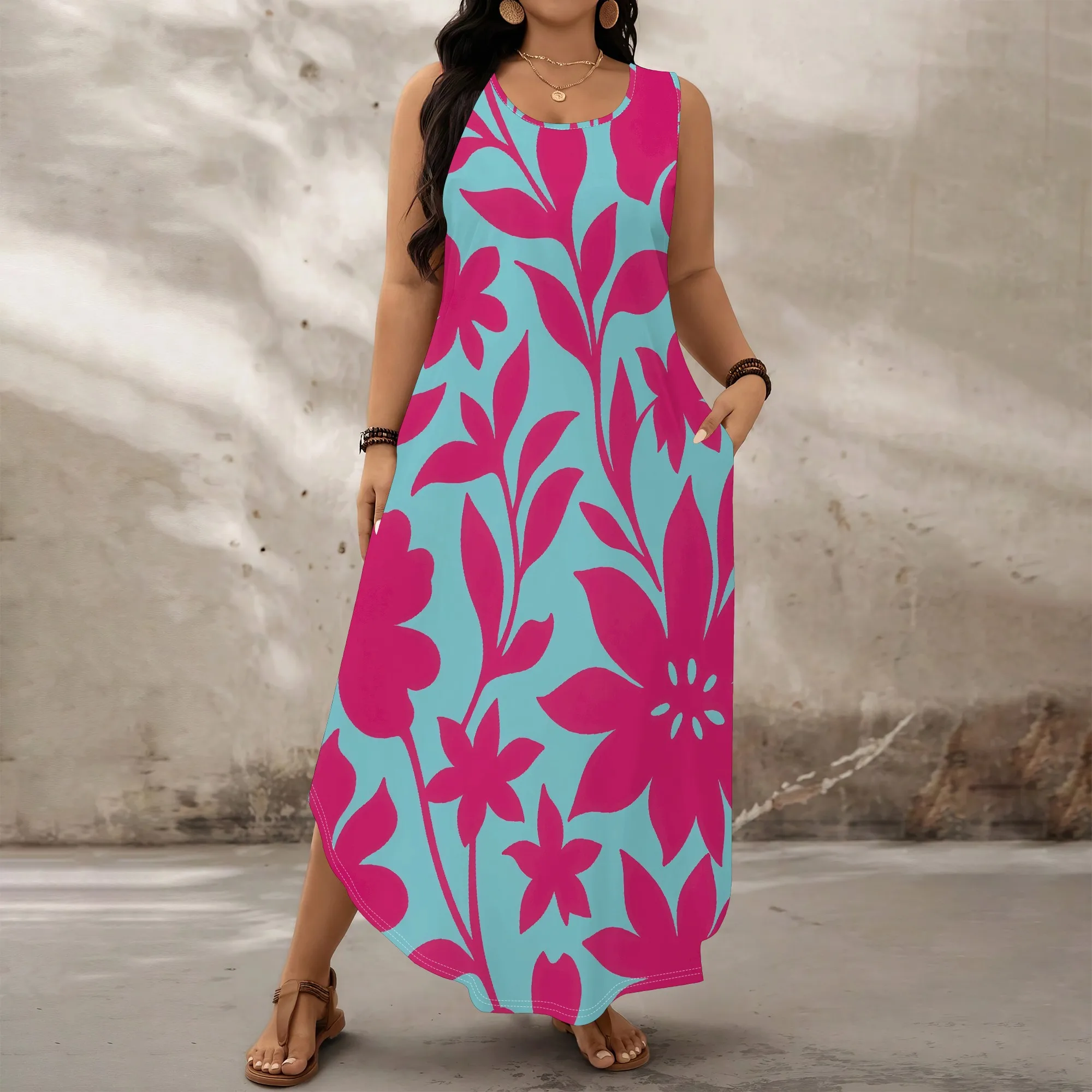 

Women's Plus Size Hawaiian Floral Maxi Dress with Pockets XL-6XL Summer Beach Vacation Loose Sundress Tropical Print Hi-Low Hem
