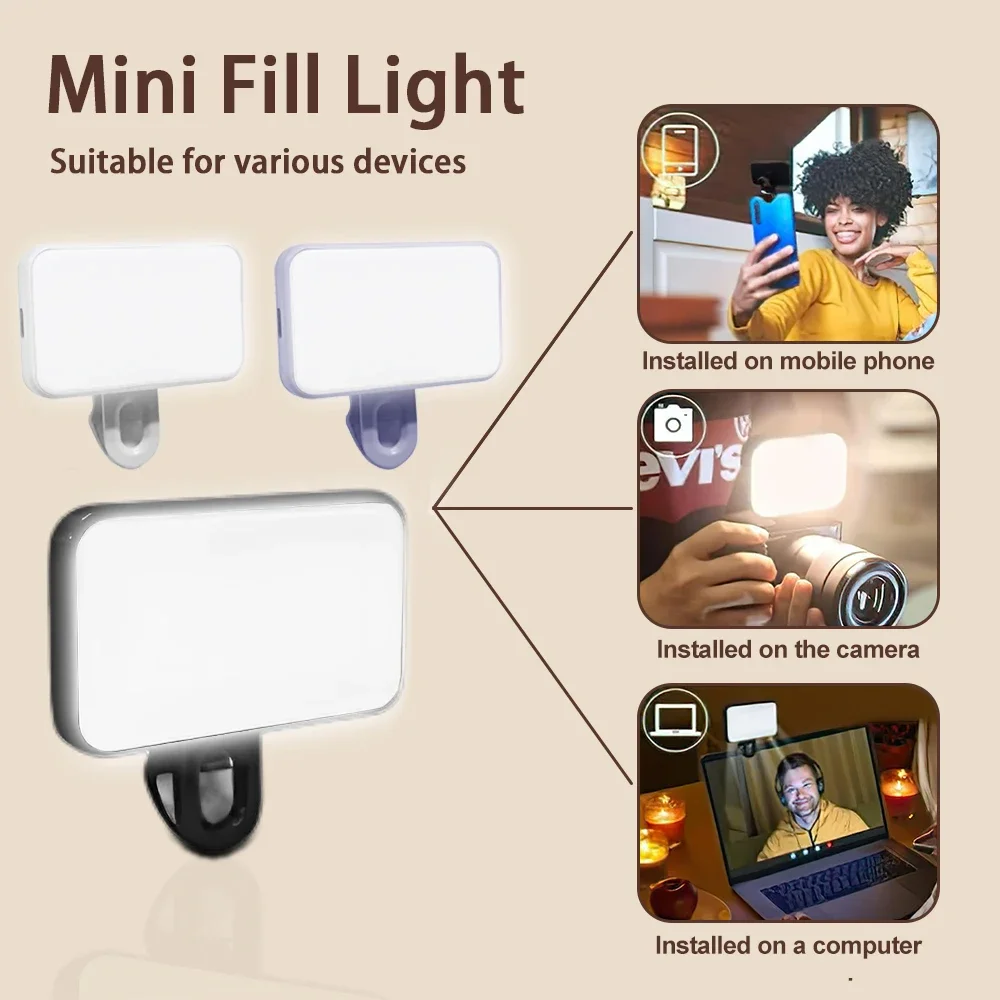 Mini Selfie Fill Light 2 Color Modes Adjustable Brightness Rechargeable Clip on Mobile Phones Computers Photography LED Lights