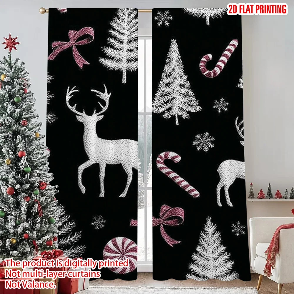 

2pcs 2D flat printing Merry Christmas Drapes Christmas Tree & Reindeer Versatile Polyester Fabric Without Electricity Birthday