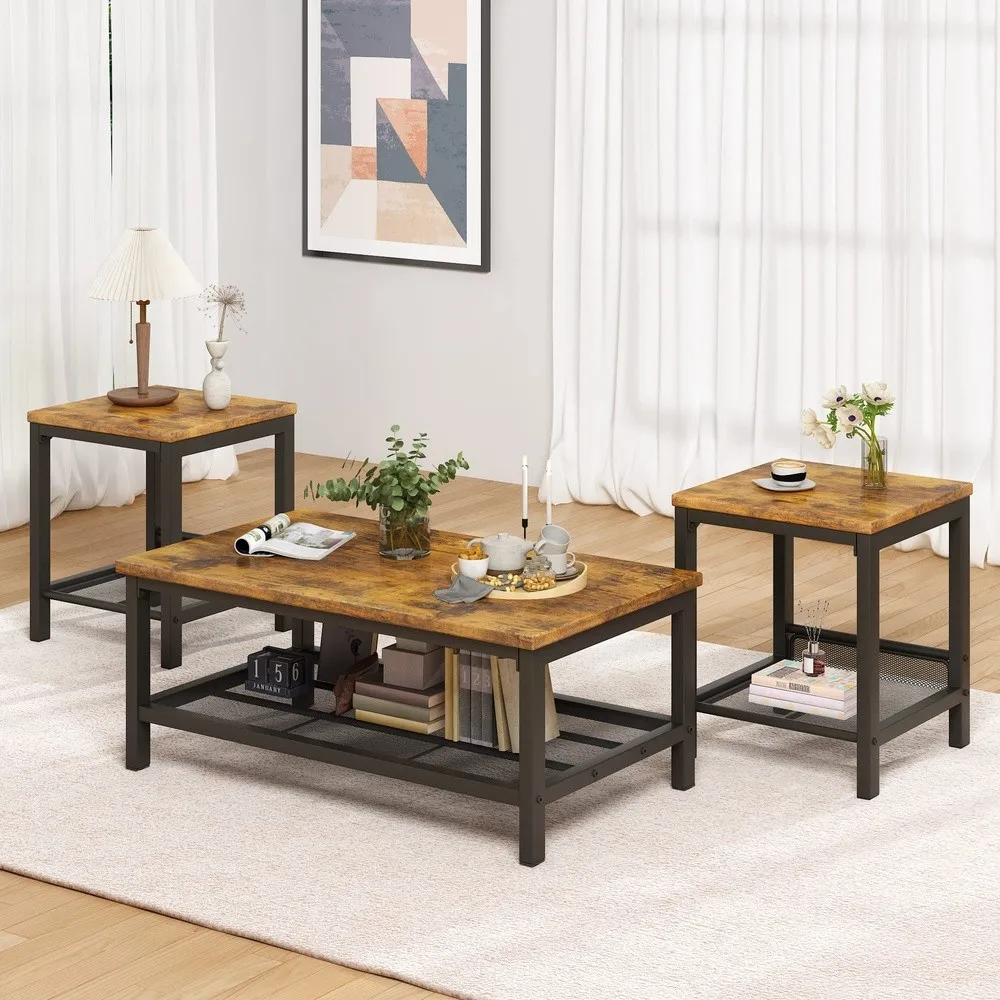 3 Pieces Living Room Table Set Industrial Coffee Table with 2 Square End Side Tables Coffee Table Set with Metal Frame