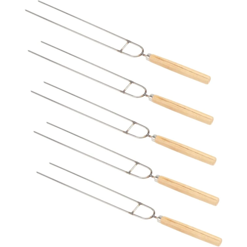 5Pcs Double Head Stainless Steel BBQ Roasting Fork with Wooden Handle Outdoor Grill Skewer for Chicken Wings Lamb Skewer