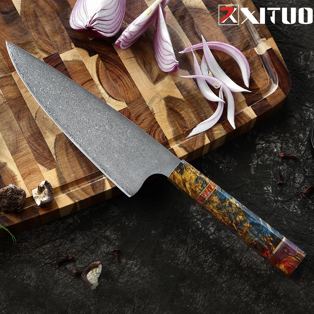 

Damascus Butcher Knife Japanese VG10 Steel Kitchen Chef Knife Cleaver Octagonal Stabilized Wood Handle Sharp Cooking Knife