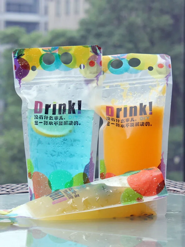 100pcs Beverage Bags Disposable Transparent Straw Self-supporting Bag Fruit Juice Milk Tea Takeout Zipper Portable Packing Sack