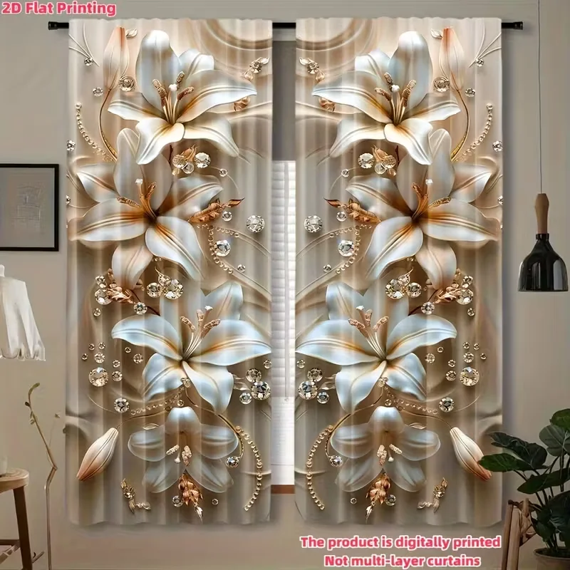 2PC 3D Golden Lily Curtains - Luxury Floral & Rhinestone Print Window Drapes for Bedroom Living Room Decor