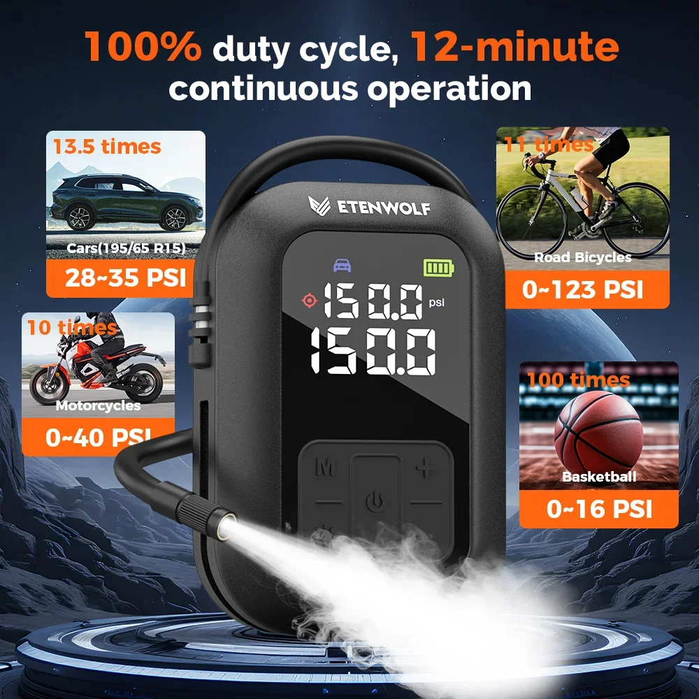 ETENWOLF X5 PRO 2-in-1 ضاغط هواء محمول ومبتدئ الانتقال، بطارية 6000 مللي أمبير في الساعة، 160 رطل لكل بوصة مربعة، 4 أوضاع محددة مسبقًا للسيارة/الشاحنة/الدراجة/الكرة #5