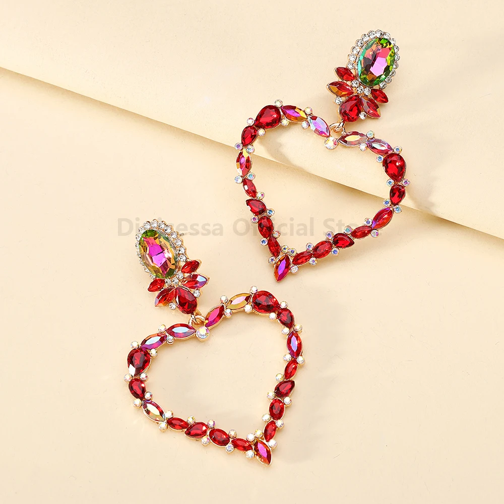 Korean Fashion Jewelry Shining Colorful Glass Hollow Heart Dangle Drop Earrings For Women Classic Vintage Statement Accessories