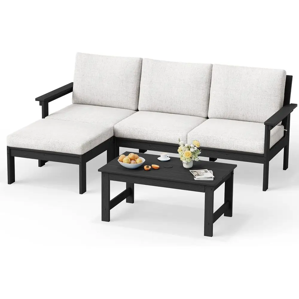 

5-Piece All-Weather Outdoor Sectional Sofa Set with Chaise, Black and Khaki Cushions