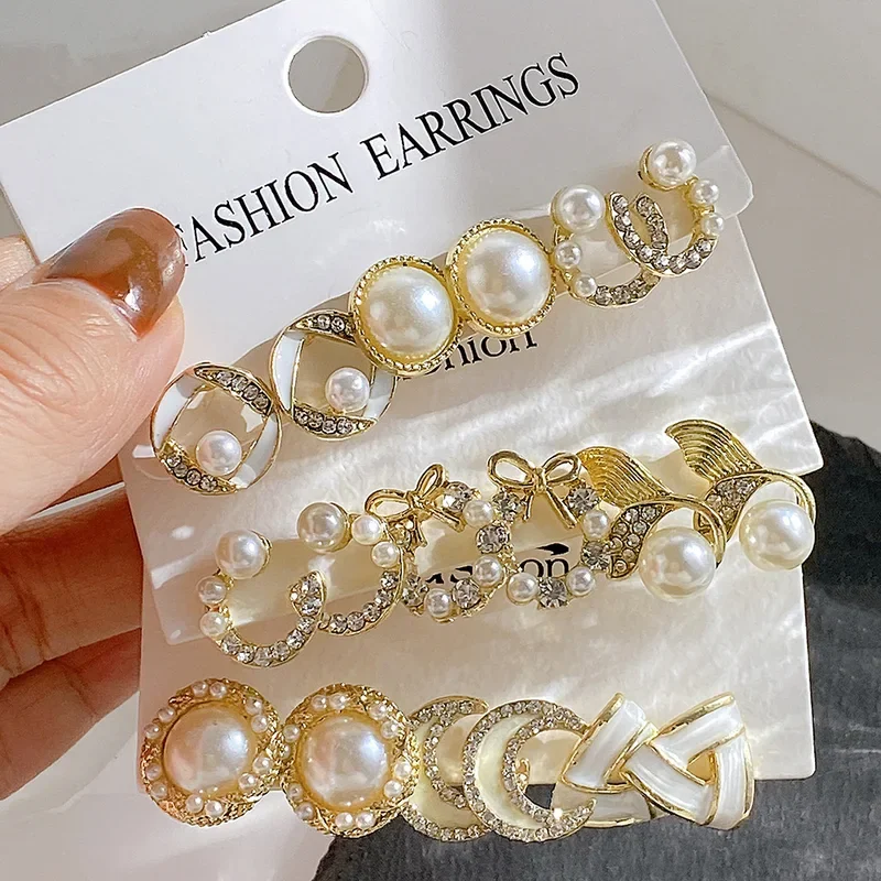 LATS Bow Fishtail Pearl Moon Earrings for Women Popular Gold Color Crystal Earrings Set Fashion Jewelry Accessories Gifts