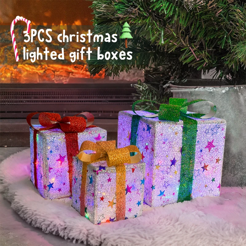 LED Light Up Christmas Present Boxes With Bows Glowing Christmas Tree Decor Home Theme Party Supplies Outdoor Navidad Decoration