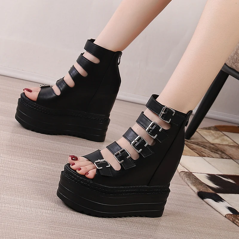 Gdgydh Goth Style Women\'s Platform Sandals Buckle Straps Open Toe High Heels Fashion Dress Pumps Wedge Heel Back Zipper