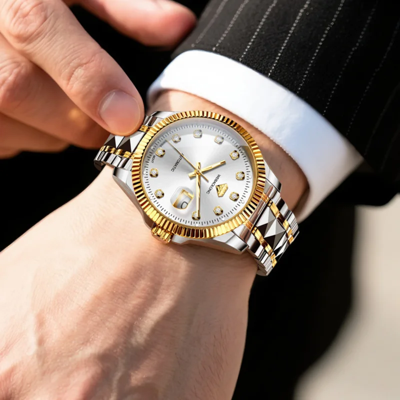 WEIBAOLONG Automatic Mechanical Watch for Men Magnified Date Fluted Bezel Luminous Hands 50m Water Resistant Steel Bracelet