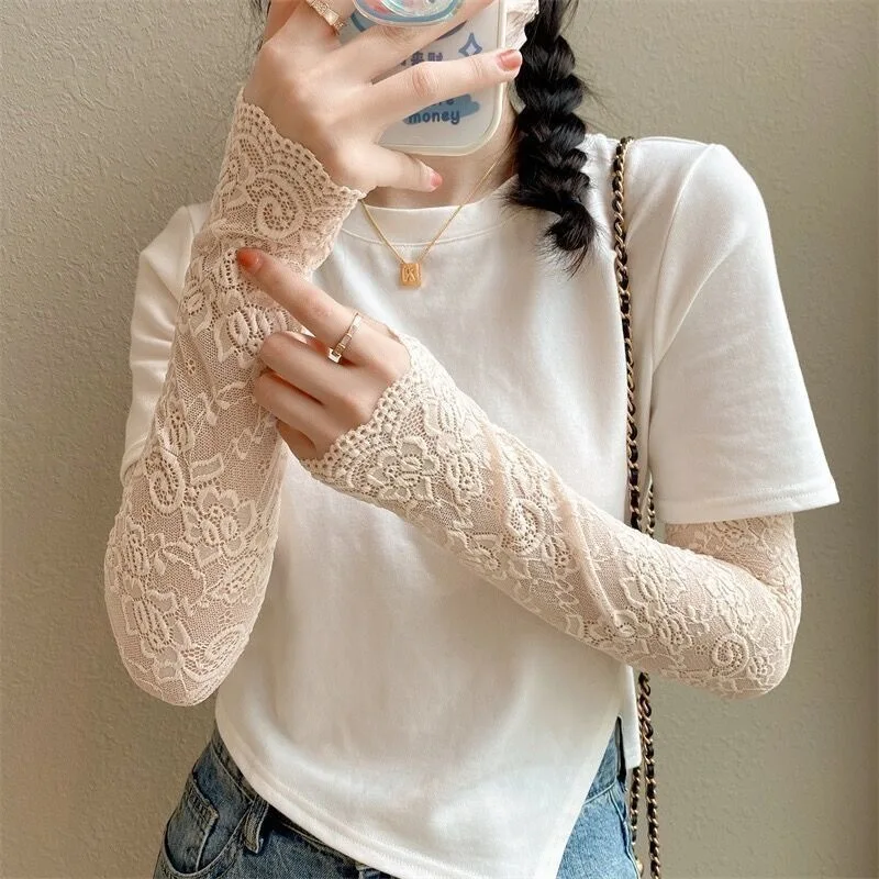 New Lace Arm Warmers For Women Girls Summer Soft Driving Sunscreen Long-Sleeved Outdoor Solid Color Riding Sleeves Arm Warmer