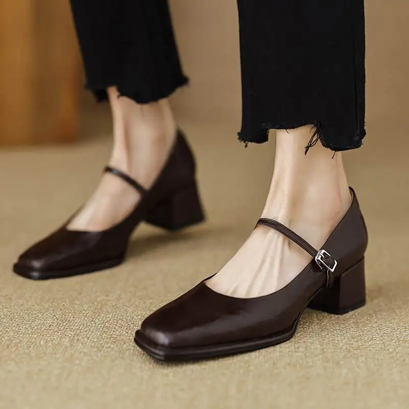 Krazing Pot 2024 Sheep Leather Metal Buckle Med Heels Spring Summer Square Toe Mary Janes Women Formal Dress Lady Shallow Pumps