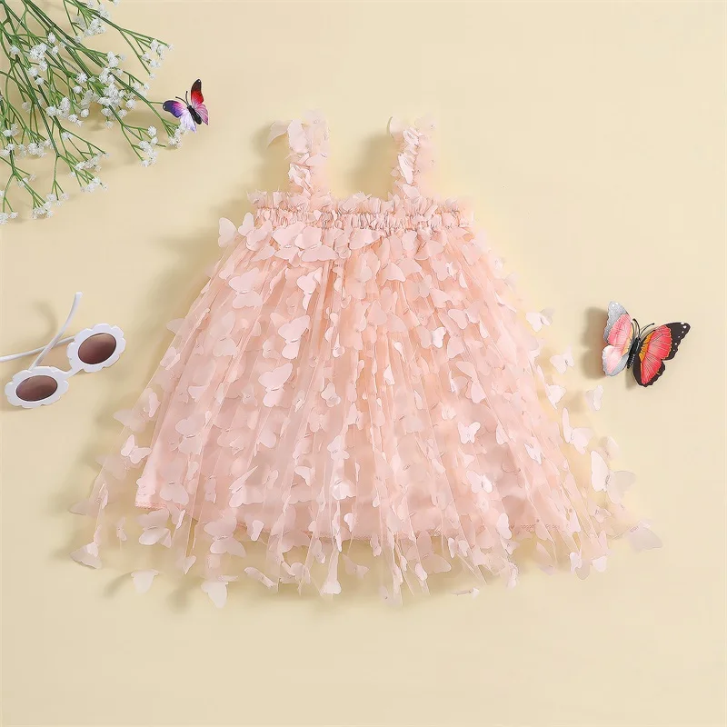 

Cute Toddler Girls Sleeveless Dress with 3D Butterfly Design Solid Color Summer Princess Dress for Casual Wear